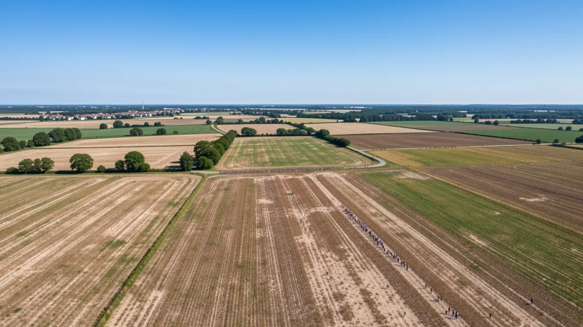 Aerial view of agricultural fields in the Vienne, showing signs of drought.