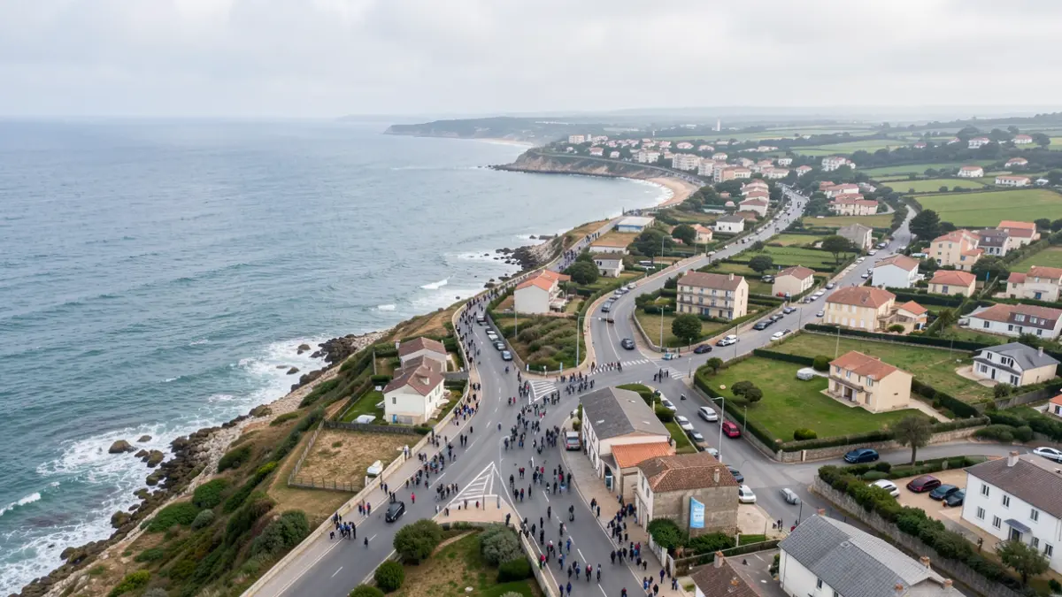 Generic image of a coastline with a road and buildings.