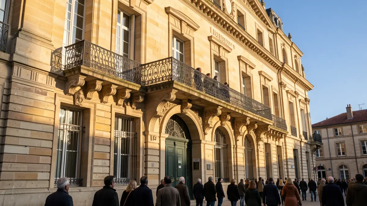Image générique de la façade d'un bâtiment public en pierre, avec un balcon orné et un ciel bleu.
