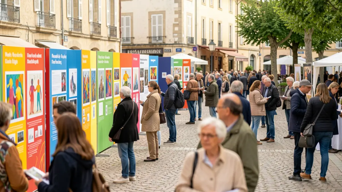 Generic image of a lively public square during a mental health awareness day, featuring informational booths and art exhibits.