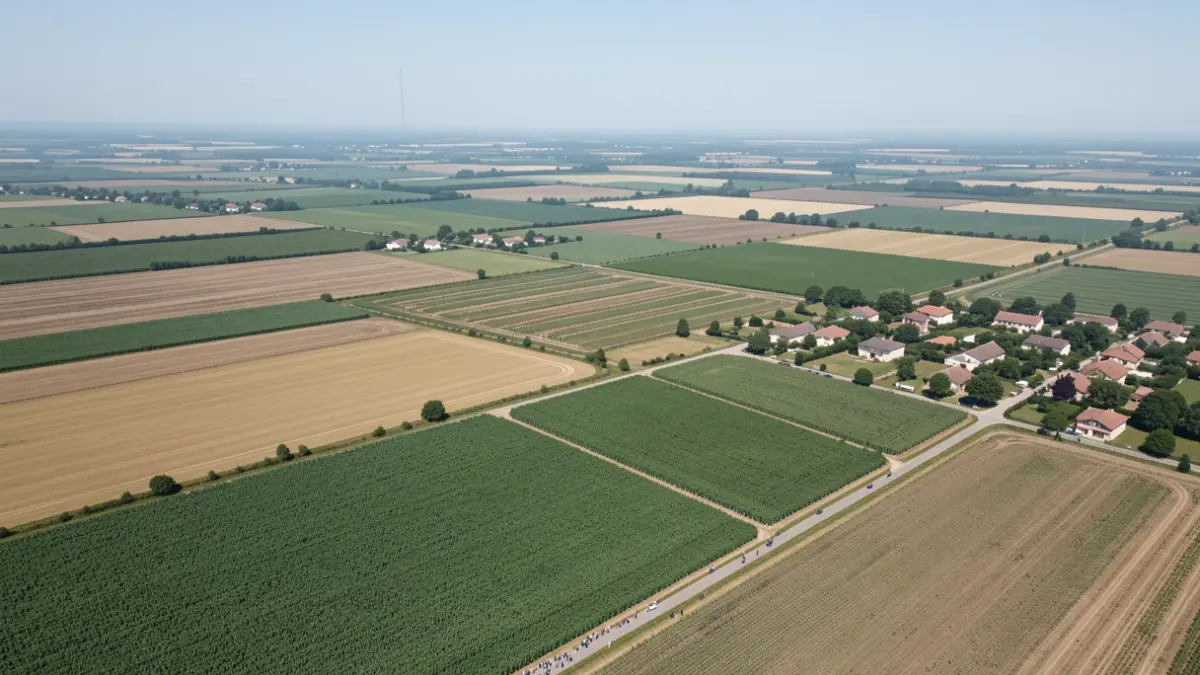 Vue aérienne de champs agricoles en Nouvelle-Aquitaine avec une légère brume.