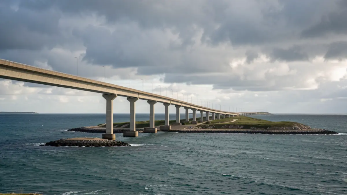 Image générique: une structure reliant l'île au continent, sous un ciel nuageux.