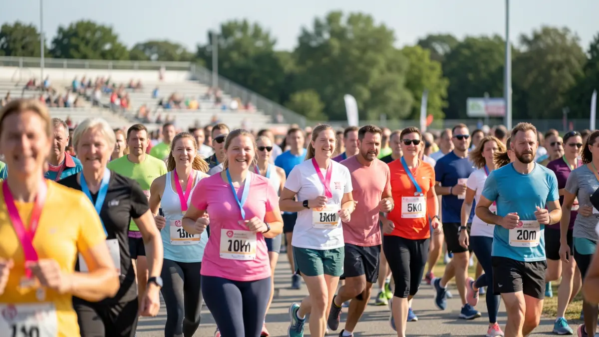Generic image of people participating in a solidarity run, some wearing pink or blue ribbons, in an outdoor setting with a blurred background.