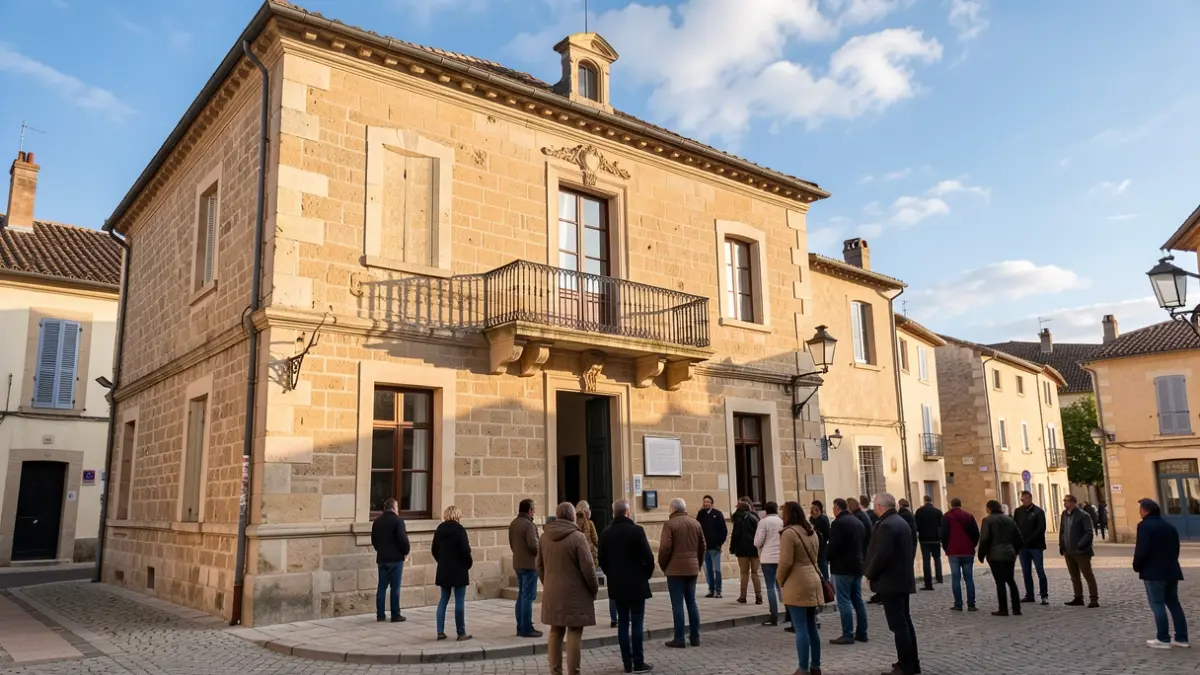Generic image of the facade of a small town hall in Nouvelle-Aquitaine, with a balcony and iron railings. Warm afternoon light.