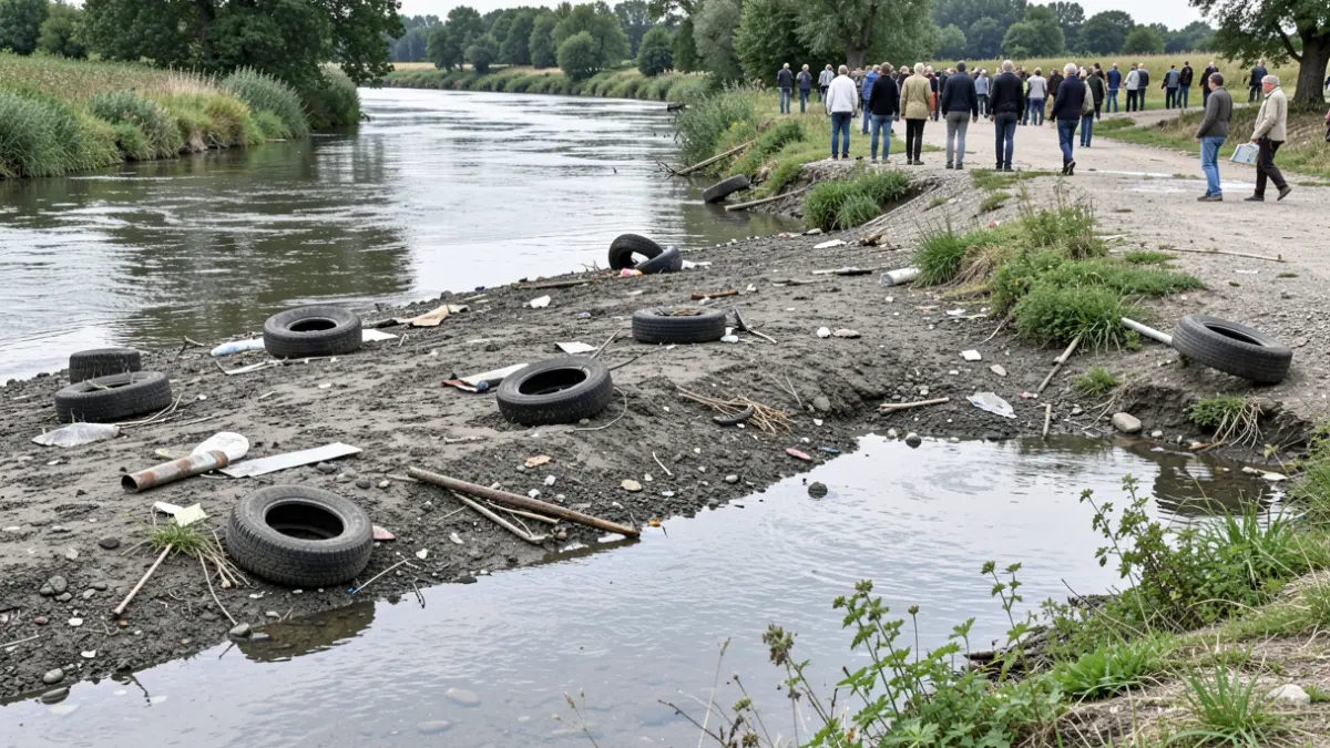 Image générique d'une rivière dont le niveau d'eau a été abaissé, révélant des déchets divers tels que des pneus et des débris métalliques sur le lit de la rivière.