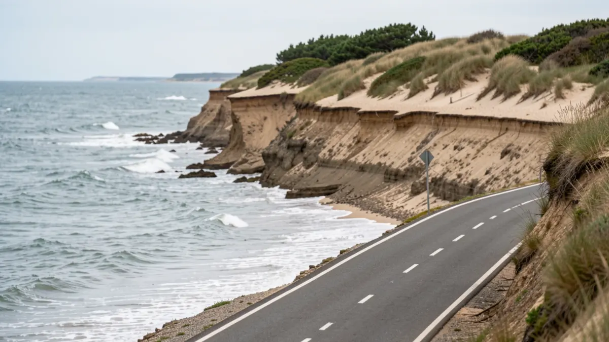 Image générique de l'érosion côtière affectant des infrastructures routières et cyclables dans la région Nouvelle-Aquitaine.