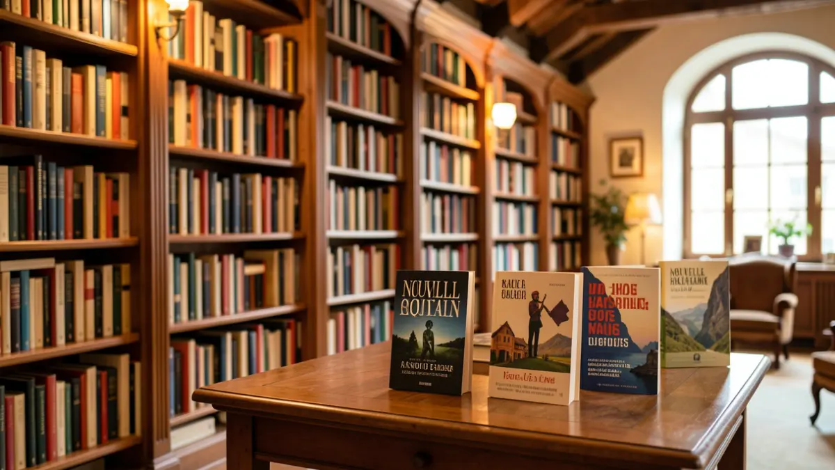 Intérieur de bibliothèque avec des livres primés exposés.
