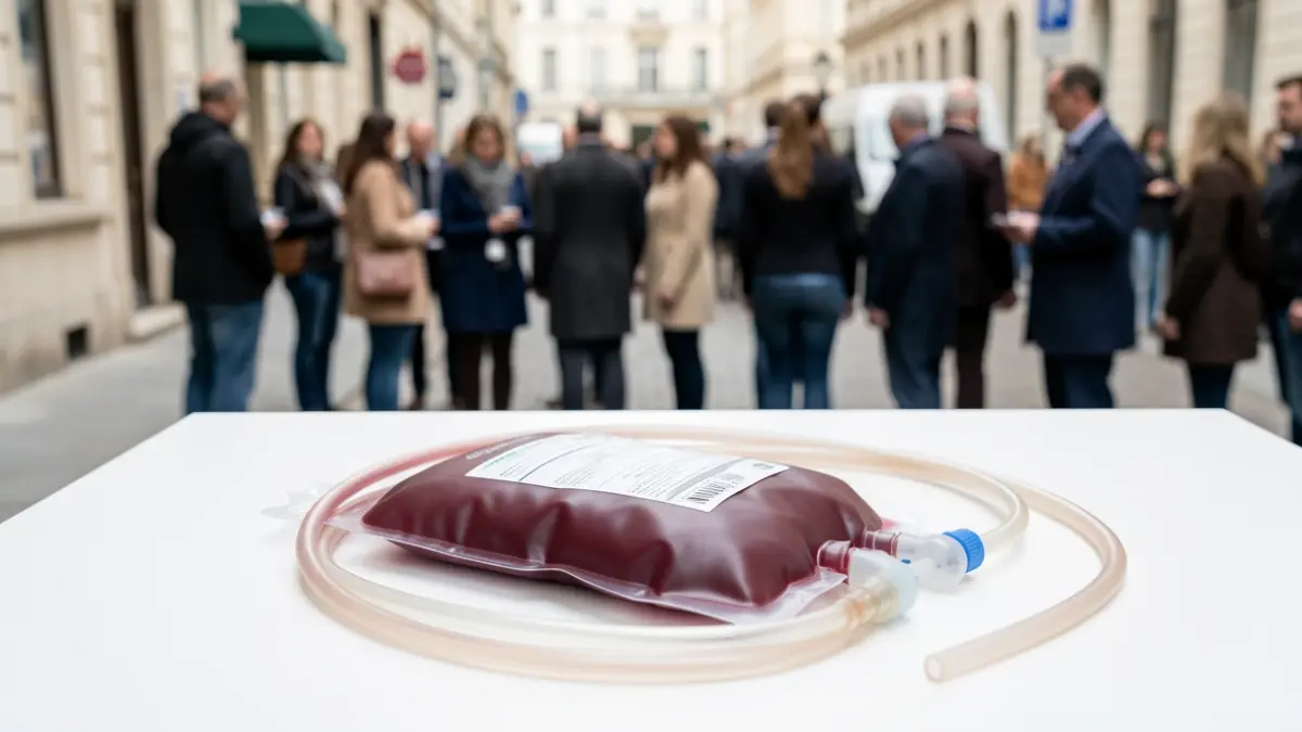 Generic image of blood donation equipment, such as a blood bag and tubing, on a white background.