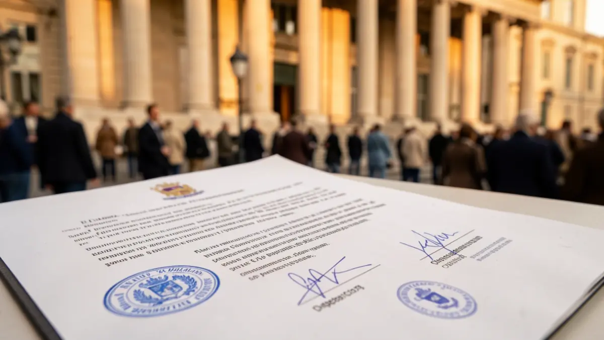 Generic image of an official document with seals and signatures, in front of a government building facade.
