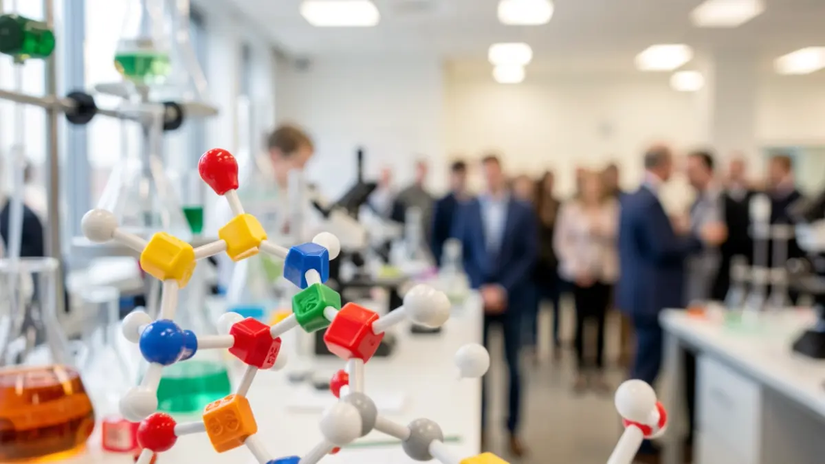 Generic image of essential amino acid molecules, depicted as colorful building blocks, against a blurred laboratory background.
