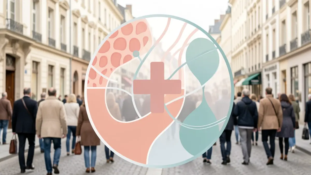 Image générique de symboles représentant le psoriasis et les maladies associées, avec une palette de couleurs apaisante.