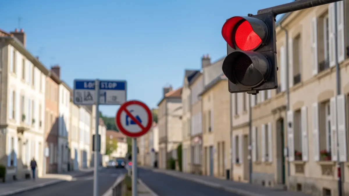 Image générique d'un feu tricolore rouge signalant une limitation de vitesse, avec un arrêt de bus et une route en arrière-plan.