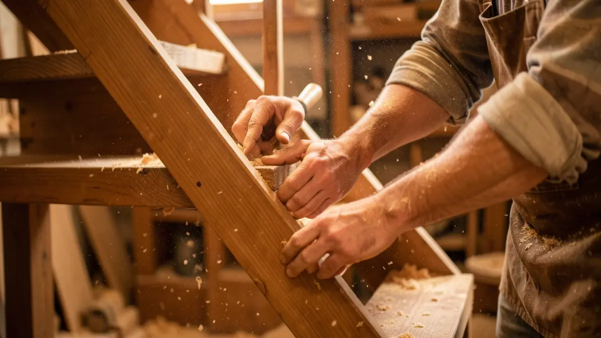 Gros plan sur les mains d'un artisan façonnant un escalier en bois dans un atelier.