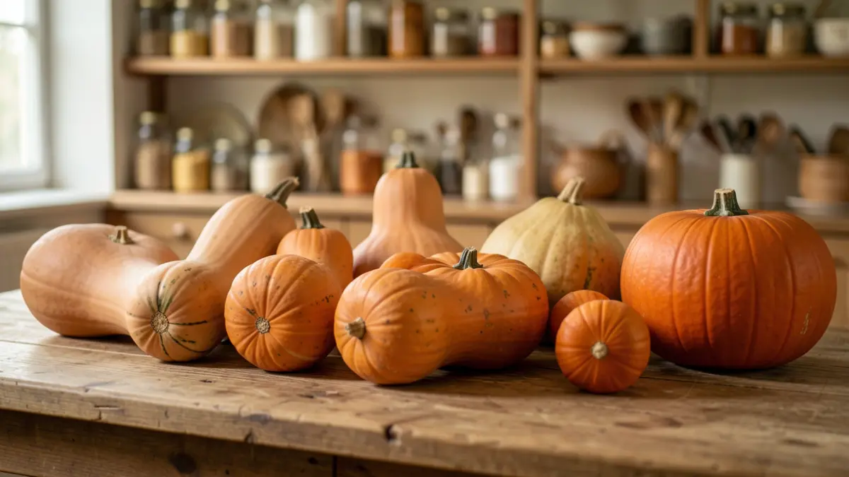 Generic image of various types of squash on a wooden table.