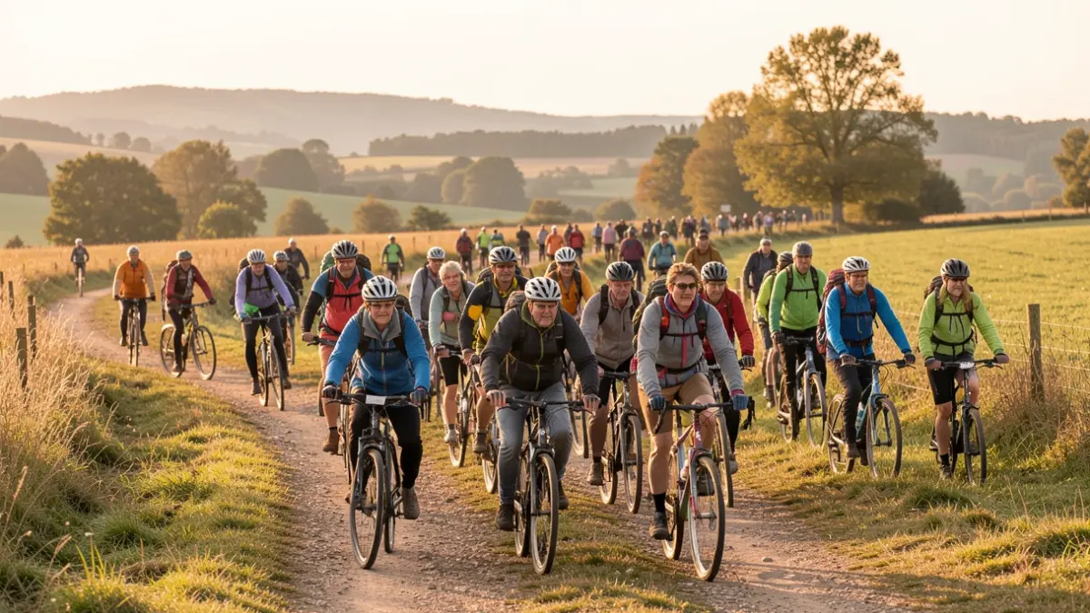 Image générique d'une randonnée avec des participants et des bénévoles dans un paysage rural de Nouvelle-Aquitaine.