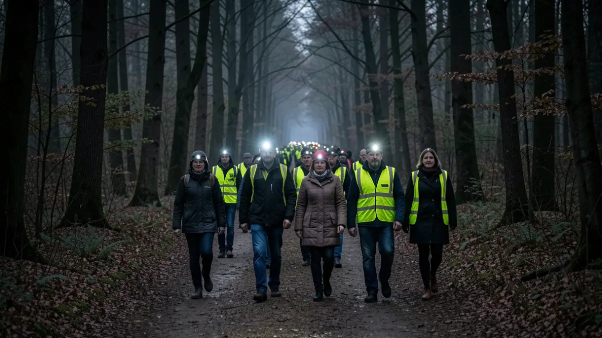 Generic image of night hikers on a forest trail.