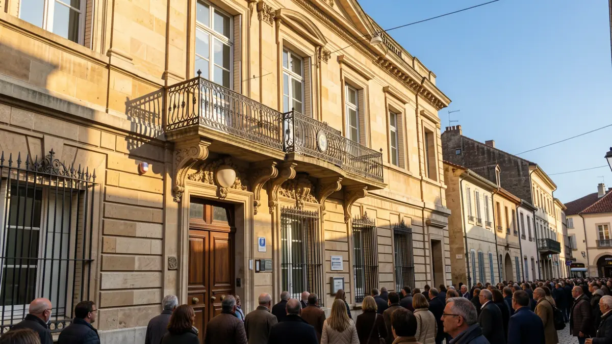 Generic image of a town hall facade with an ornate balcony and iron railings, warm afternoon sunlight casting shadows on the sandstone walls, blue sky.