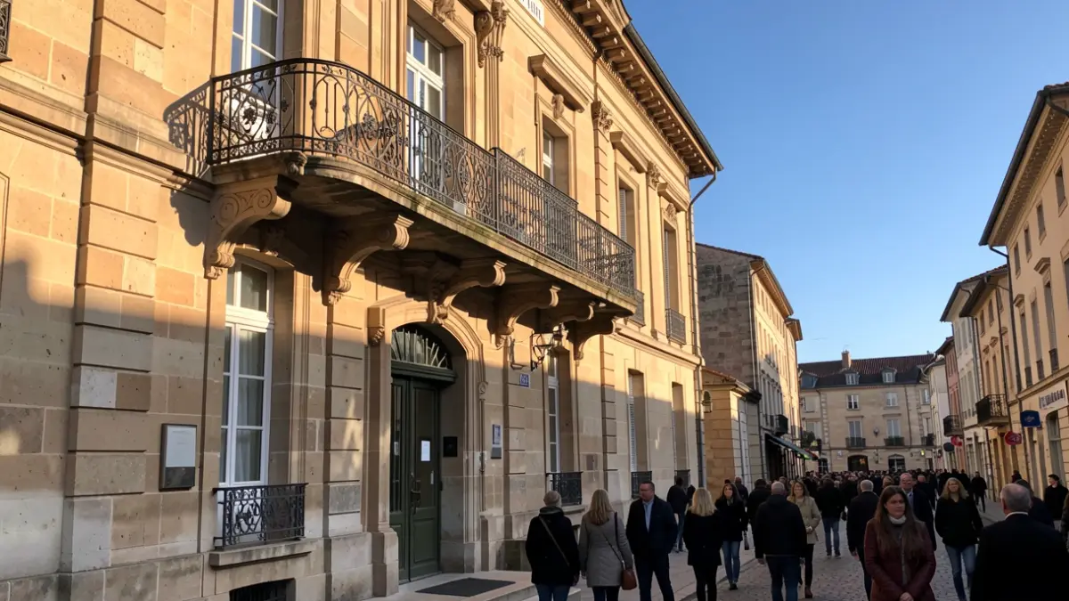Generic image of a Nouvelle-Aquitaine town hall facade with an ornate iron balcony and railings, warm afternoon sunlight casting long shadows on the sandstone walls, clear blue sky, documentary photography style.