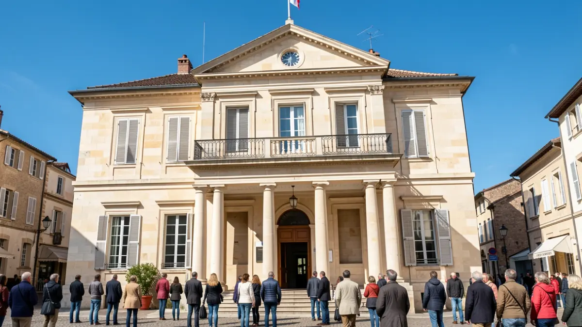Generic image of a town hall facade with a balcony and columns, under a blue sky.