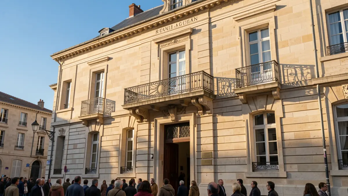 Image générique de la façade d'une mairie en pierre de Nouvelle-Aquitaine, avec un balcon orné et des barreaux en fer. Lumière chaude de l'après-midi.
