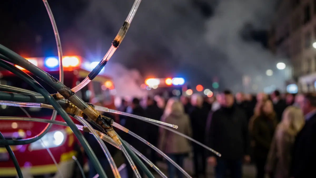 Generic image of heat-damaged fiber optic cables in a dark atmosphere.