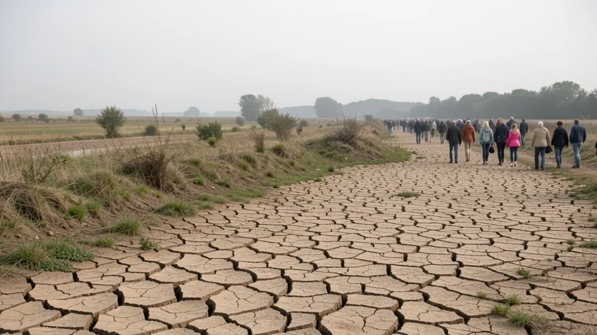 Lit de rivière asséché dans le Parc naturel régional des Landes de Gascogne, Nouvelle-Aquitaine, avec terre craquelée et ciel brumeux.
