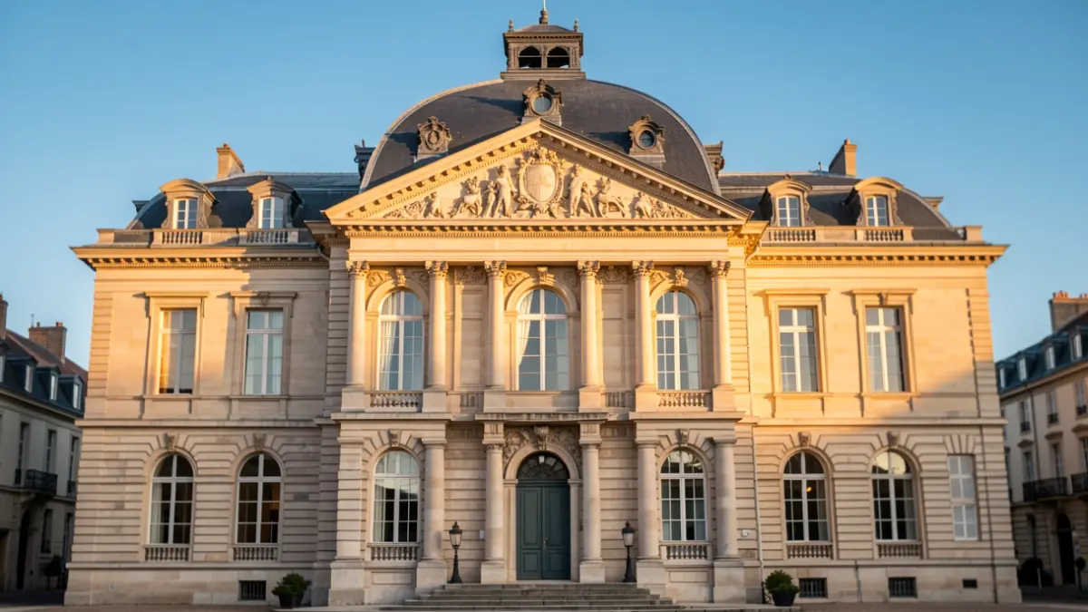 Façade de la mairie du Passage, un bâtiment à l'architecture française classique, baigné par la lumière chaude de fin d'après-midi.