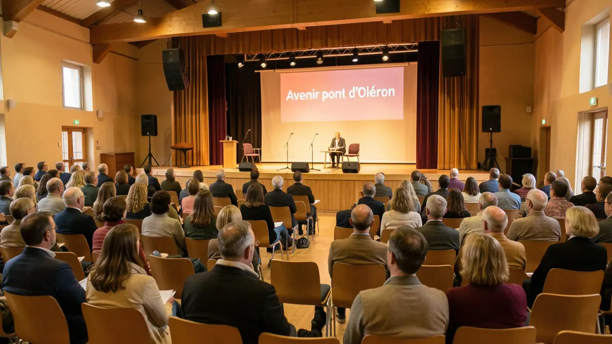Salle de réunion publique avec des chaises vides et une bannière 'Avenir pont d'Oléron'.