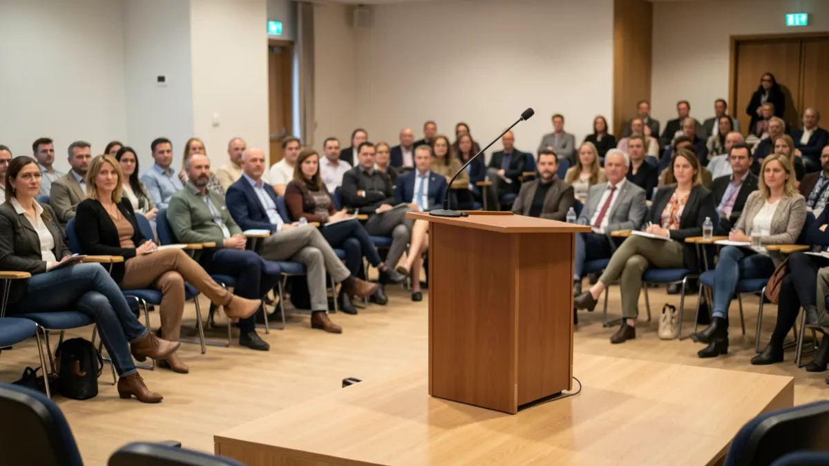 Generic image of a public meeting room with a podium.
