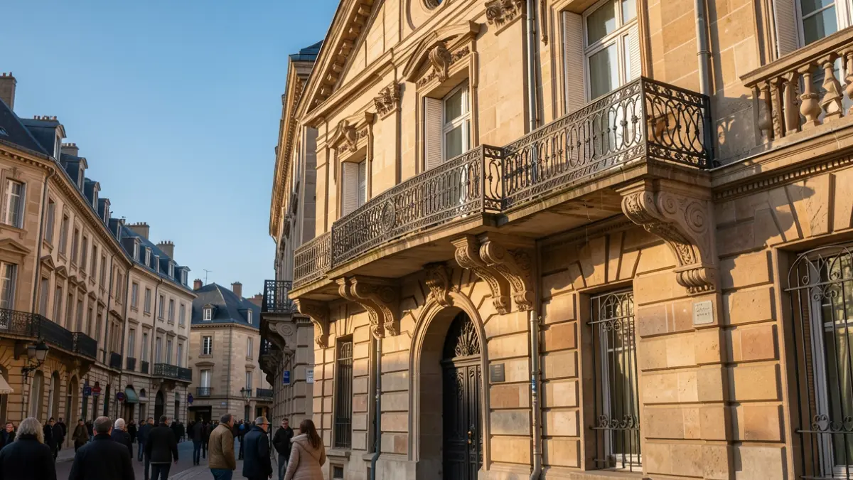 Stone facade of a Nouvelle-Aquitaine town hall with ornate balcony and iron railings, warm afternoon sunlight casting shadows on the sandstone walls, blue sky.