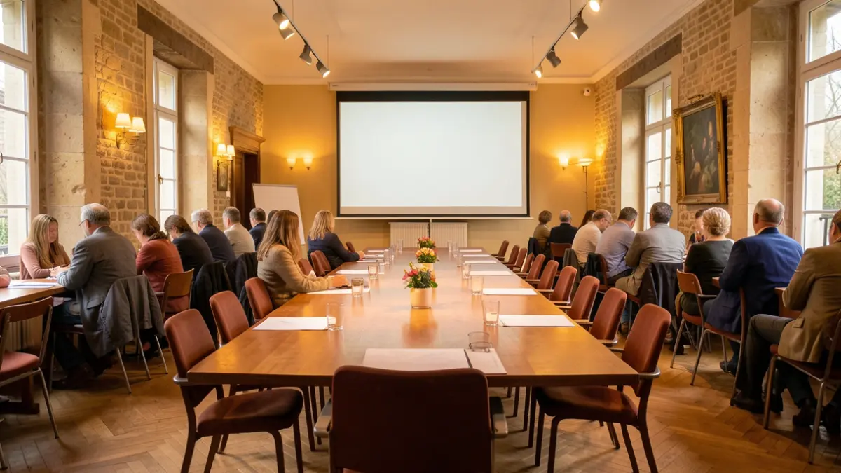Image générique d'une salle de réunion communautaire avec une table et des chaises.