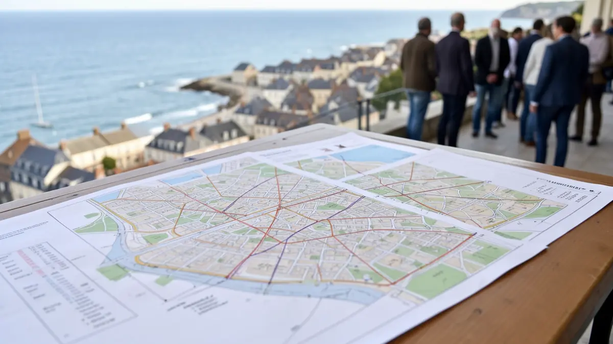Image générique de documents d'urbanisme étalés sur une table, avec des cartes et des plans de zonage, dans un contexte côtier.