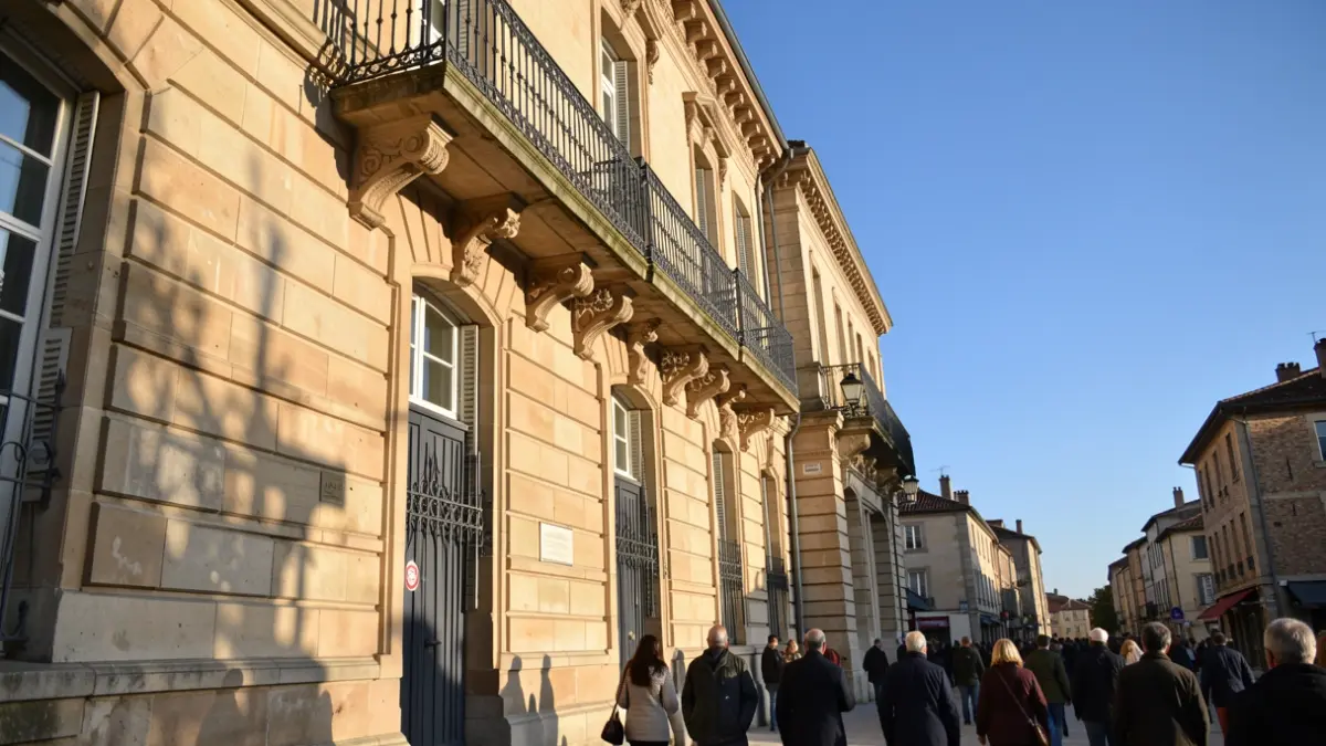 Façade en pierre d'un hôtel de ville de Nouvelle-Aquitaine avec balcon orné et balustrade en fer forgé, soleil d'après-midi chaud projetant des ombres sur les murs en grès, ciel bleu.