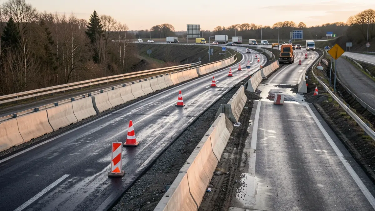 Image générique de travaux routiers sur une autoroute avec des barrières et des cônes de signalisation.