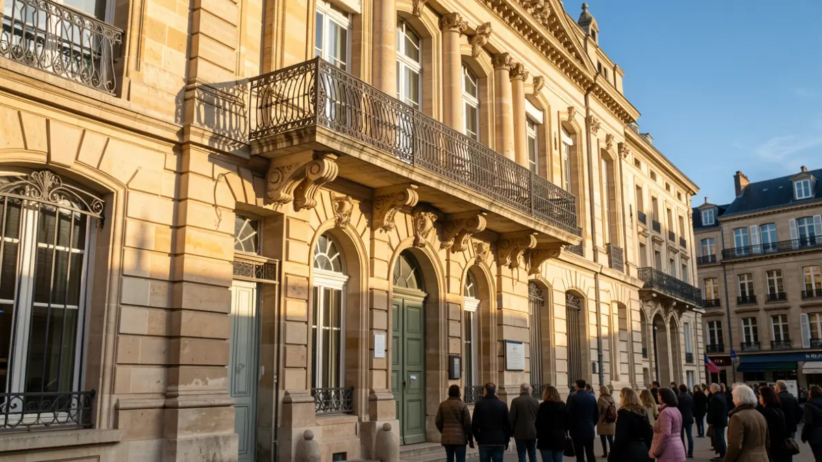 Image générique d'une façade de mairie en pierre de Nouvelle-Aquitaine avec balcon orné et balustrade en fer forgé, lumière chaude de l'après-midi projetant des ombres sur les murs en grès, ciel bleu.