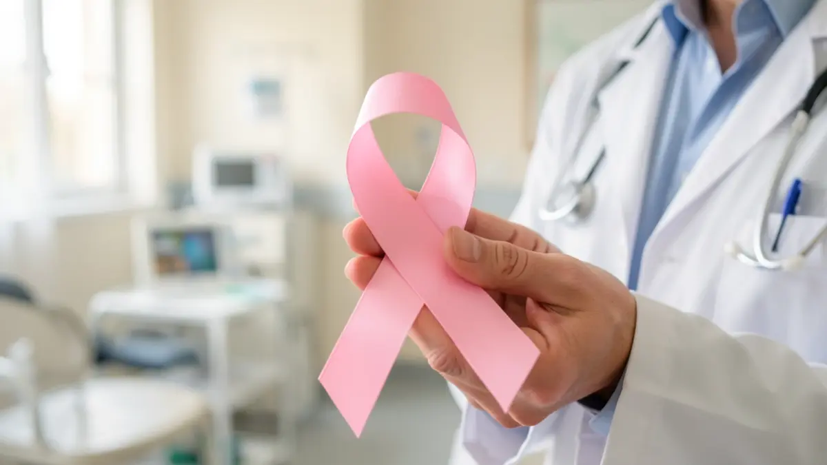 Image générique d'une main tenant un ruban rose, symbole de la lutte contre le cancer du sein.