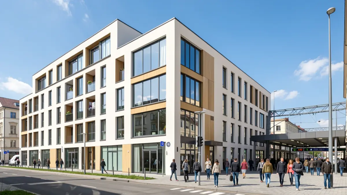 Generic image of a modern student residence near a train station and transport hub.