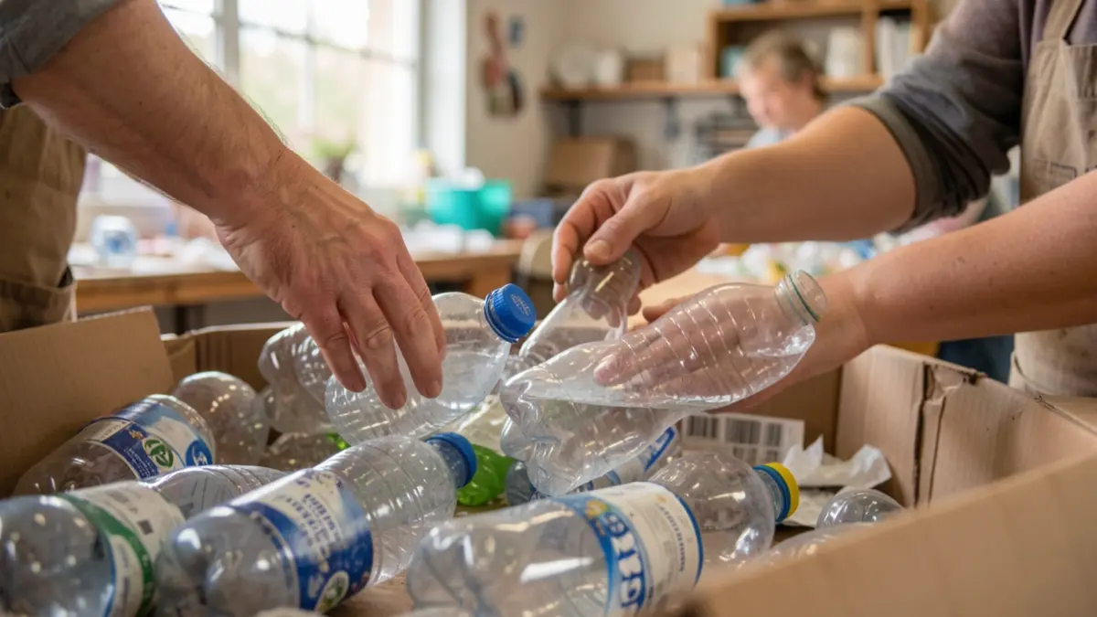 Image générique de mains triant des matériaux recyclés dans un atelier communautaire.