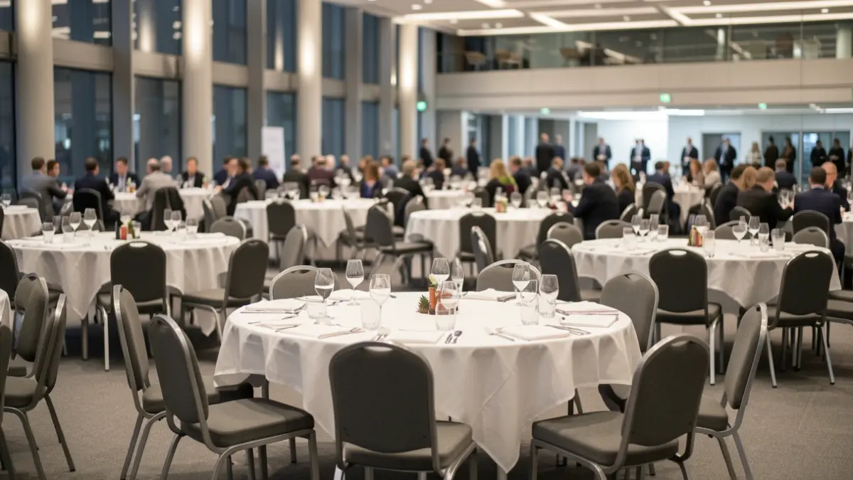 Generic image of round tables in a conference center.