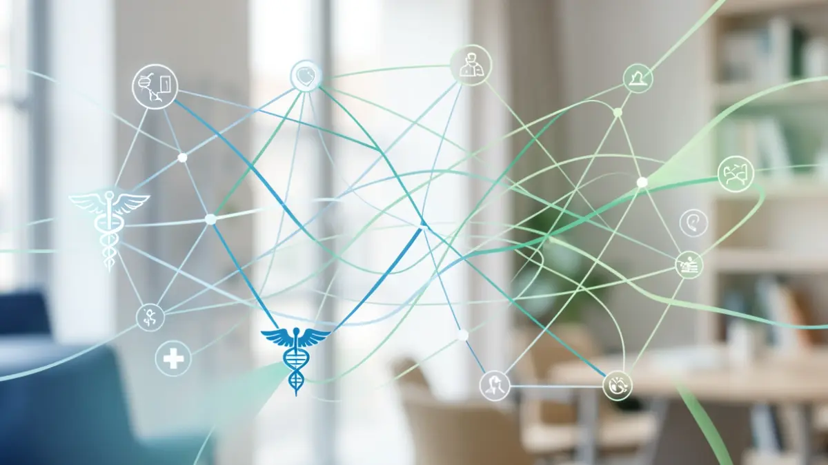 Image générique de flux de données numériques et de connectivité réseau, avec des touches subtiles de symboles de santé.
