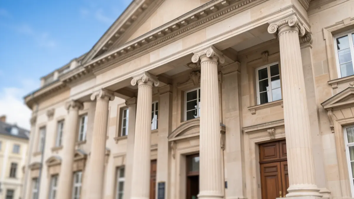 Generic image of an official building facade with columns and a large entrance, under a clear blue sky.