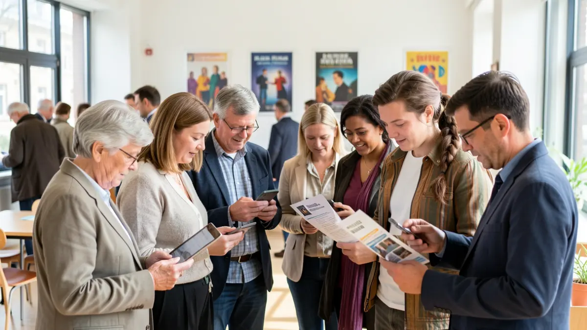 Generic image of people of various ages consulting information about cultural programming.