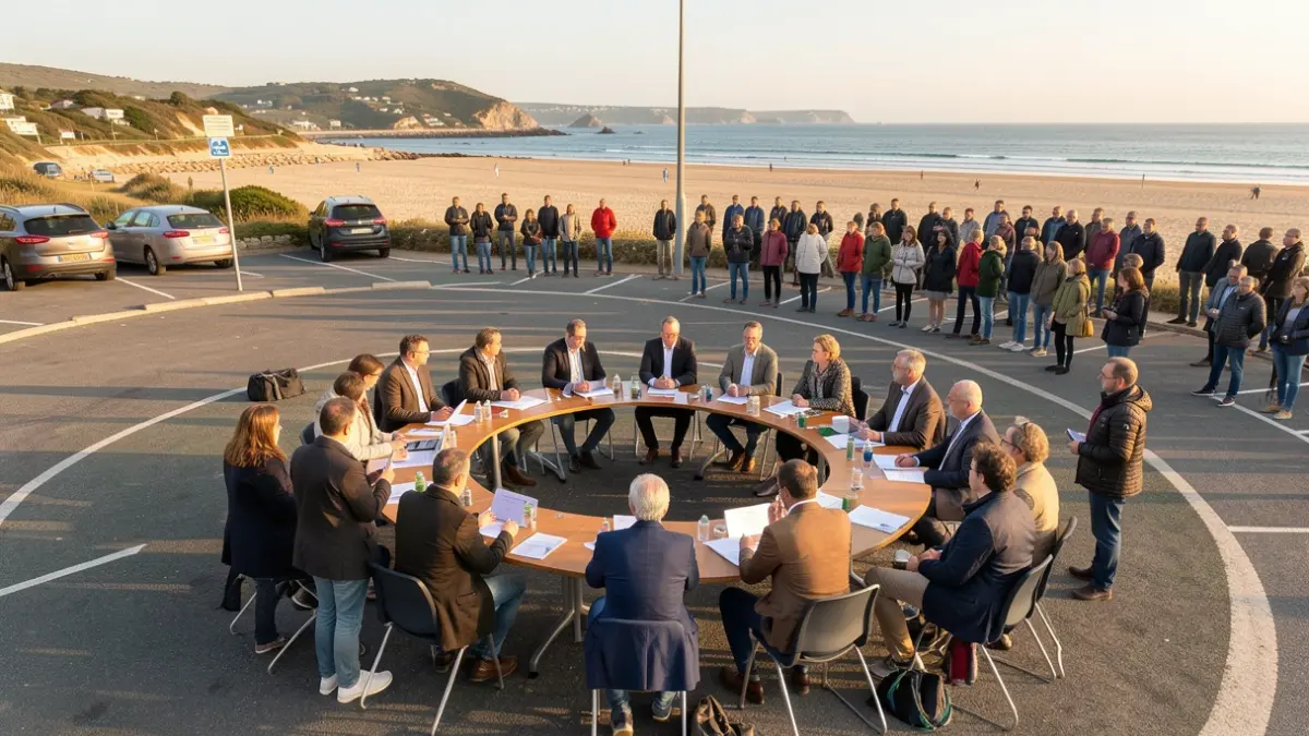 Image générique d'une réunion de concertation publique en extérieur près d'un parking circulaire sur une plage, avec des personnes échangeant avec une équipe projet, sous une lumière d'après-midi.