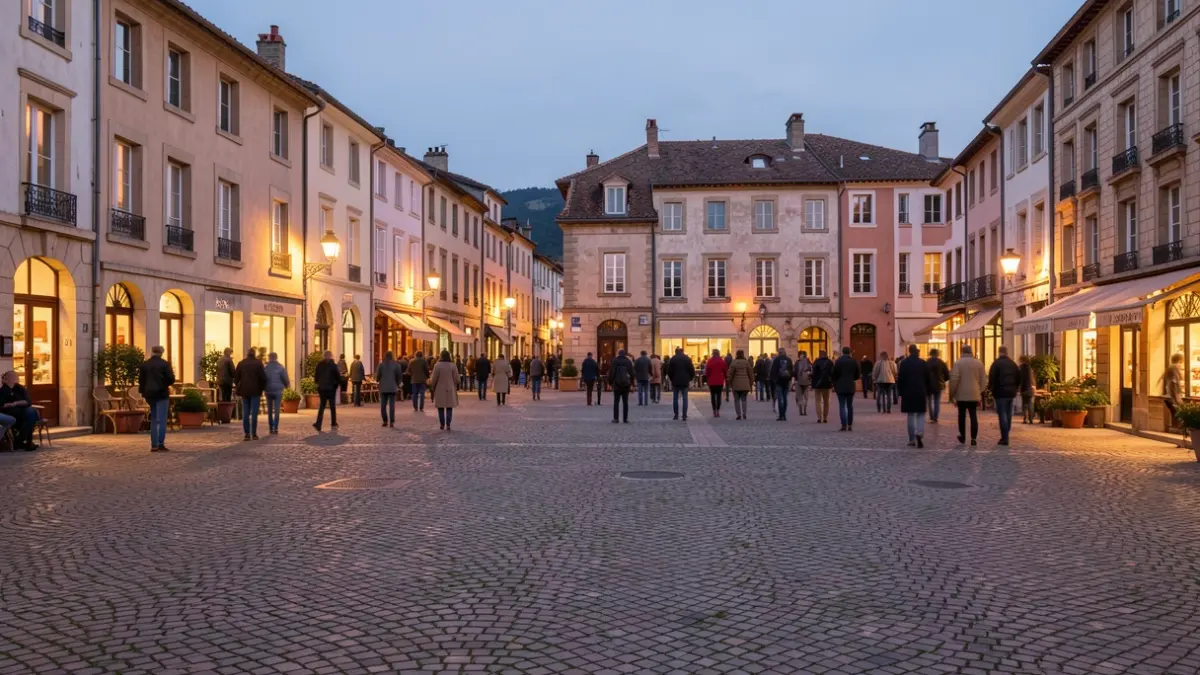 Generic image of a town square in Nouvelle-Aquitaine at dusk, with warm lights illuminating buildings and a cobblestone plaza. No people or specific landmarks visible.