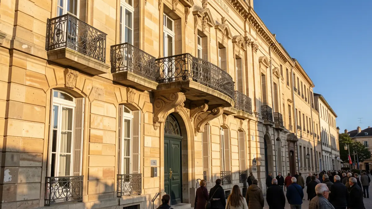 Generic image of the stone facade of an official building with an ornate balcony, under an afternoon sun.