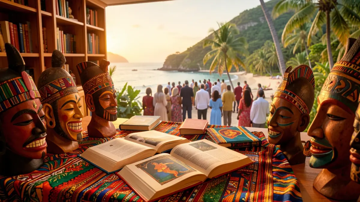 Generic image: colorful textiles, and open books.