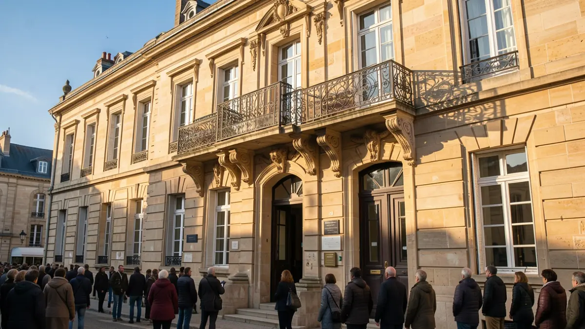 Image générique de la façade d'une mairie en pierre avec balcon et balustrade en fer forgé, éclairée par le soleil de l'après-midi.