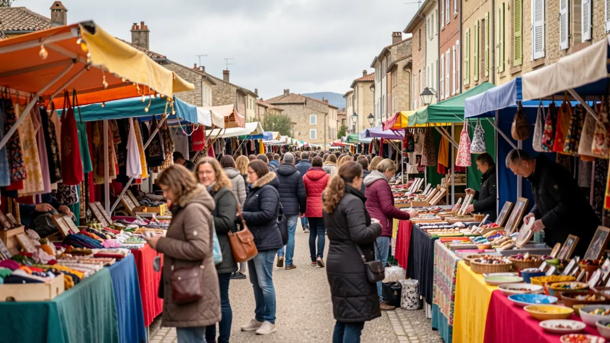 Generic image of a festive outdoor market with colorful stalls and blurred figures of people. Slightly overcast sky.