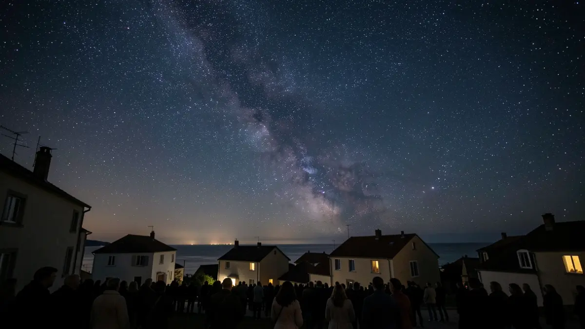Generic image of a starry night sky over a small coastal town with minimal artificial lights.
