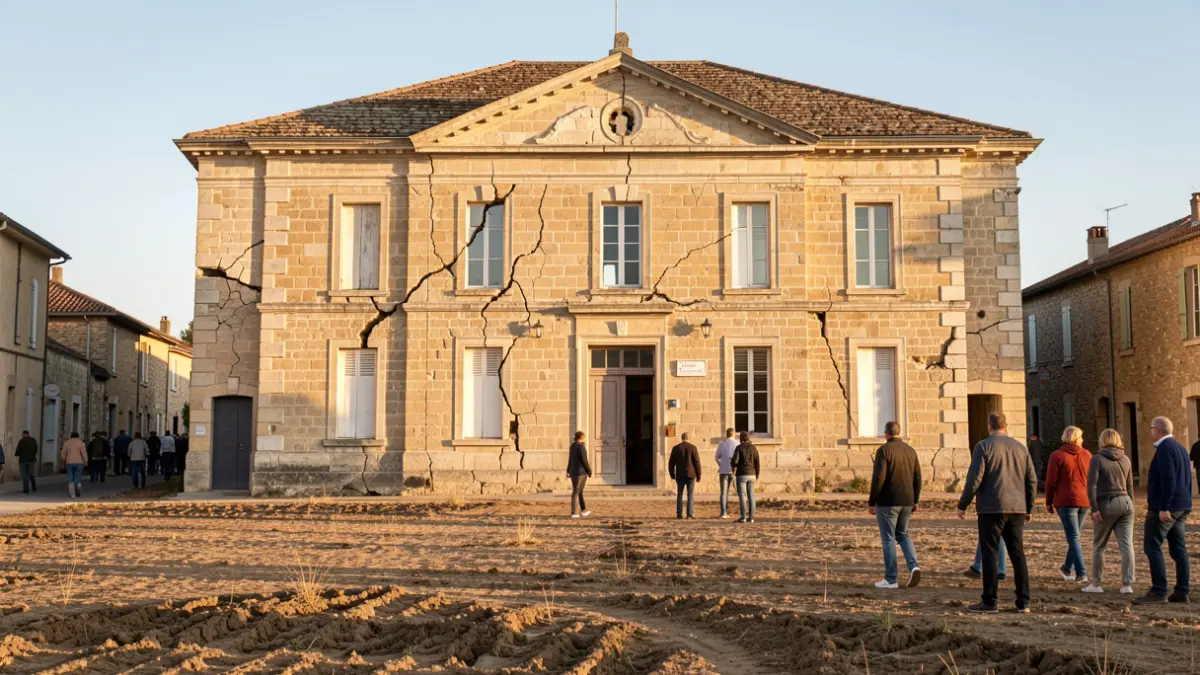 Façade de la mairie de Sallebœuf, Nouvelle-Aquitaine, avec des signes de sécheresse.